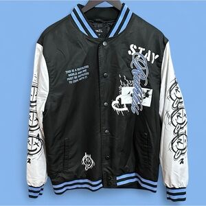 Rue21 "Stay Ruthless" Varsity Baseball Jacket Black Blue White Men's Medium